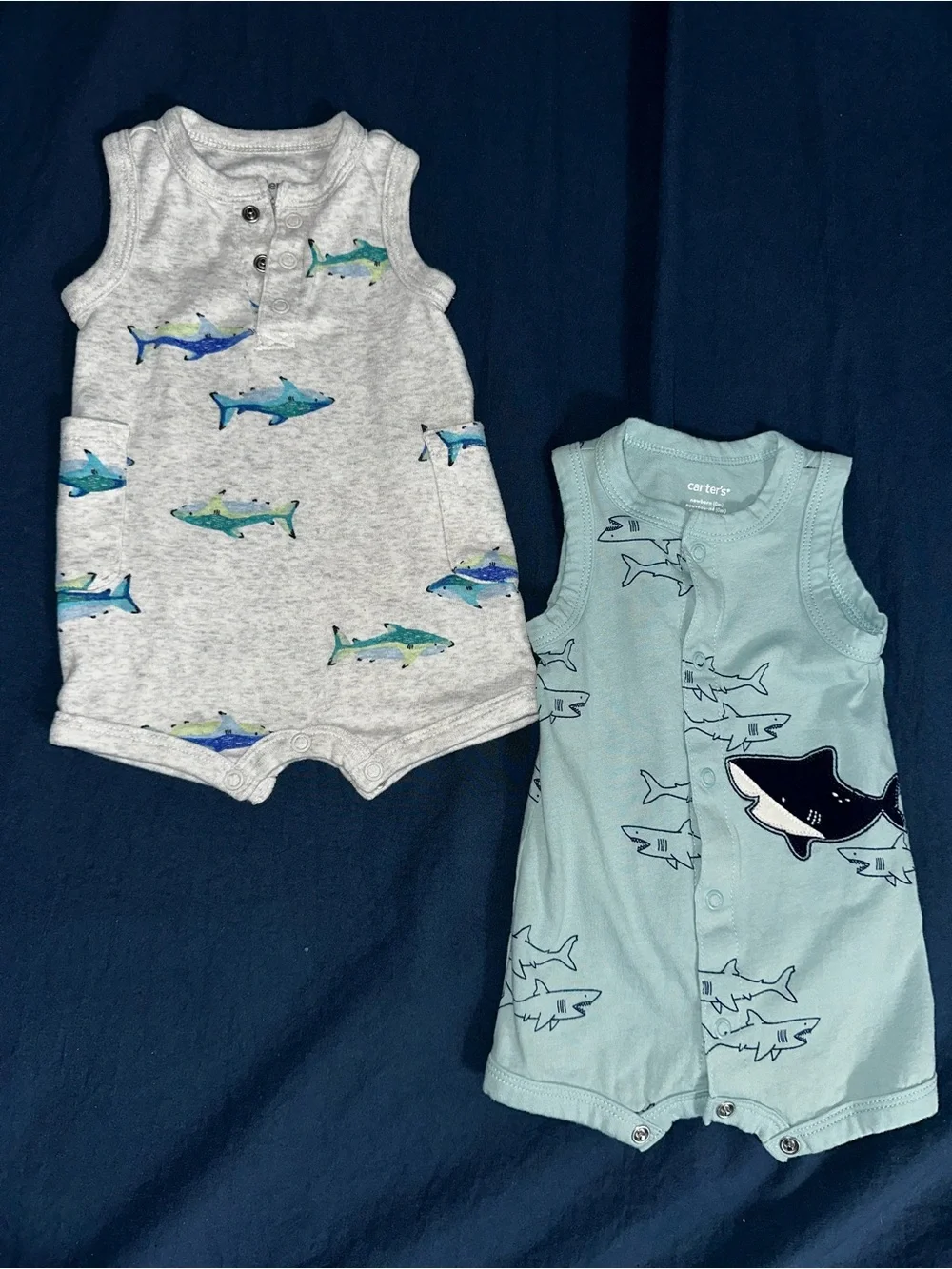 Carters Baby Boy Shark Print Cotton Rompers Size: Newborn